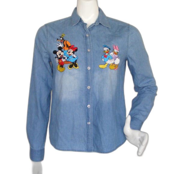 DISNEY Shirt, S, Embroidered Chambray Button front, Mickey & Minnie, Goofy - Picture 1 of 12